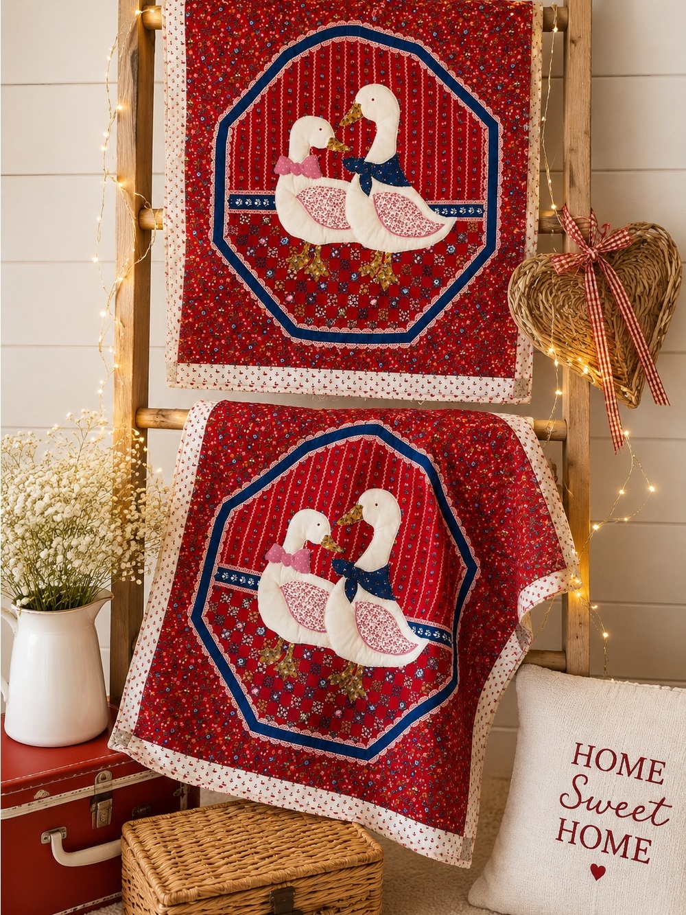 Set of 2 Vintage 1980s Cranston VIP Puff Applique 3D Country Geese Placemats DIY